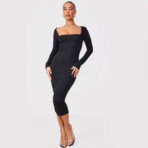 PrettyLittleThing Black Square Neck Long Sleeve Midaxi Dress NWT